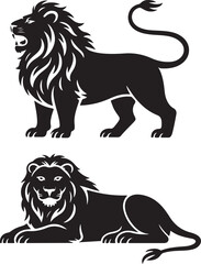 Obraz premium Majestic Lion Silhouette VectorKing of the Jungle Lion DesignFierce Lion Head IllustrationWild Lion Roar Silhouette ArtRegal Lion Animal Vector