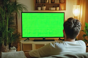 Detailed Visual  of Caucasian Person Looking at Green Screen Tv
