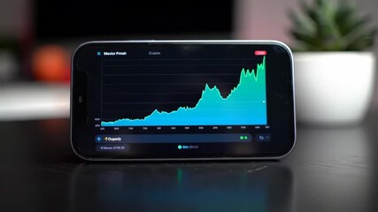 A smartphone displaying a green trend graph for financial analysis. - Powered by Adobe
