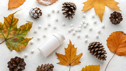 Wellness-themed flat lay with leaves, pinecones, and bottle