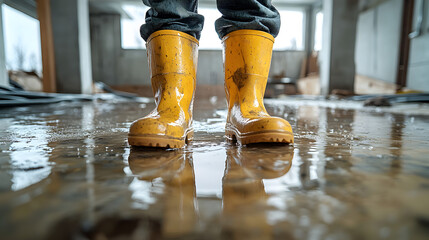 Person wearing boots standing in flooded basement with visible water damage, highlighting urgent foundation repair needs and the importance of resolving structural and moisture issues in h. 40076898 3
