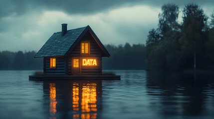 House labeled "data" standing on binary code lake, symbolizing the concept of a data lakehouse integrating data storage and management in modern digital information systems. 53252263 2