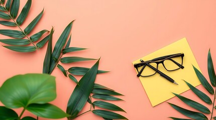 A yellow envelope with a pen and glasses rests on a coral background with green leaves