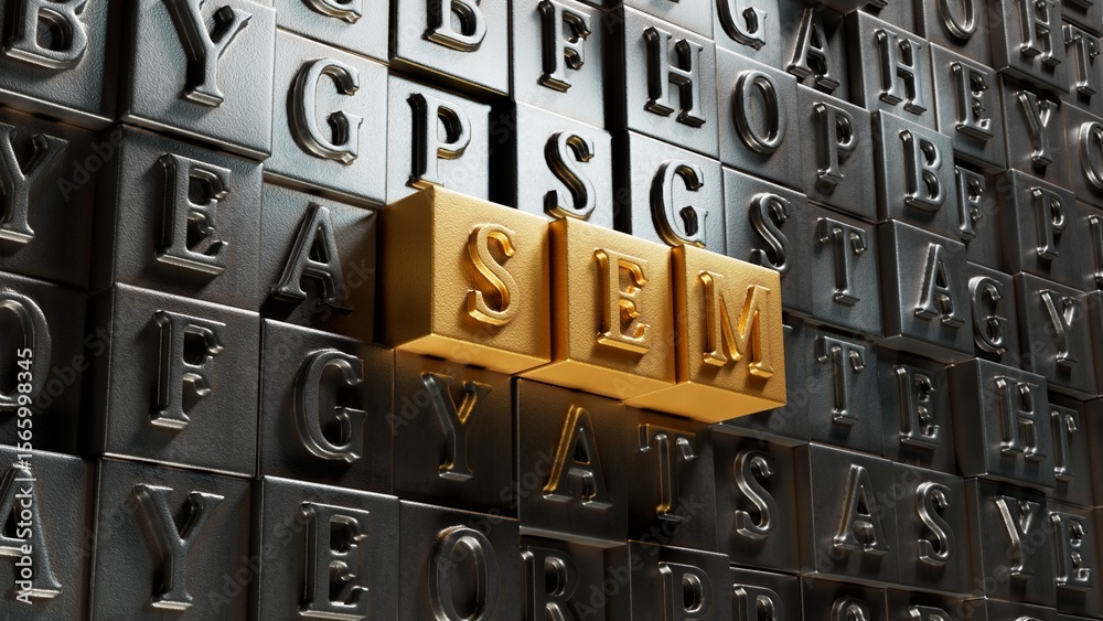 Poster sem symbol. concept word sem - search engine marketing on movable type printing and blocks. business