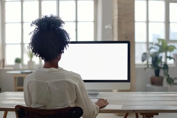 African American Black Woman Using Computer with White Mockup Blank Screens in Modern Work Loft