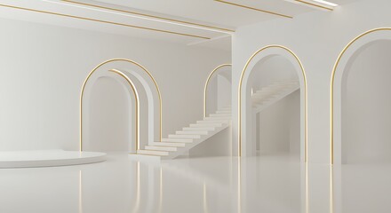 The photograph captures a conceptual interior, highlighting the interplay of light and shadow on pristine white walls and stairs, framed by luminous golden architectural details.