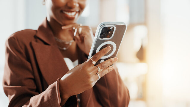 Business, hands and woman with smile, cellphone and message to contact, copywriting and email. Closeup, person and journalist with app, smartphone or subscription for online magazine or social media