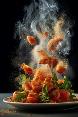 Dynamic explosion of spices and herbs envelops fresh salad of tomatoes and greens, creating vibrant and aromatic culinary scene. dramatic motion and smoky effect add excitement