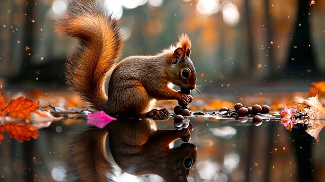 Autumn scene capturing a squirrel holding a nut, reflected in water, amidst fallen leaves, with a blurred forest background showcasing warm autumnal colors and serene lighting, evokes a tranquil