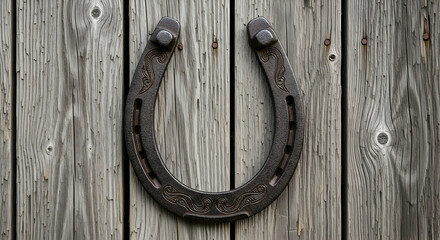 Horseshoe mounted on weathered wood panel
