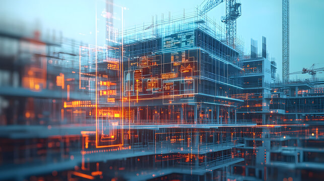Futuristic digital interface overlaying active construction site, showcasing budget monitoring graphs and cost tracking metrics, representing advanced financial management in construction p 80073775 3