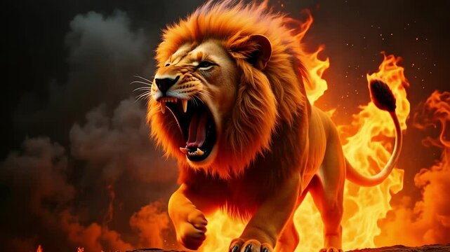 A magnificent lion with a fiery glowing mane roars victoriously, surrounded by swirling smoke and vibrant flames against a dark mystical backdrop in 4k.