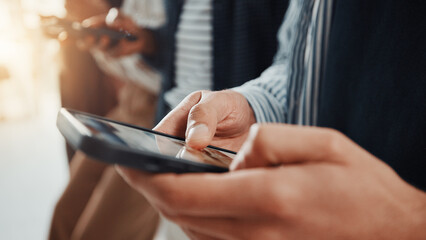 Business people, hands and typing with phone in waiting room for career search or job research. Closeup, group or employees browsing with mobile smartphone in line or row for interview in workplace