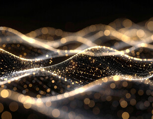 An abstract and ethereal image features undulating waves formed by countless glowing golden particles and shimmering light trails against a dark background, with bokeh effects adding depth. Ideal for 