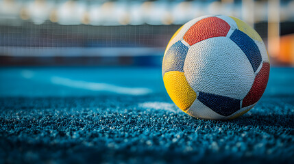 Rugby ball resting on green stadium field, symbolizing the Olympic spirit, athletic competition, and the passion of international sports events under bright stadium lighting. 67004851 1