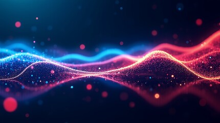 Abstract futuristic background with glowing blue and purple neon light trails and waves