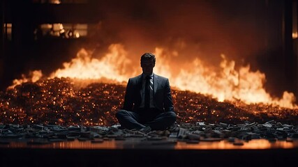 Businessman meditating amidst a fiery backdrop of burning money in an urban setting - Powered by Adobe