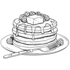 Hand-Drawn Pancake Stack with Butter Berries and Syrup Vintage Breakfast Illustration