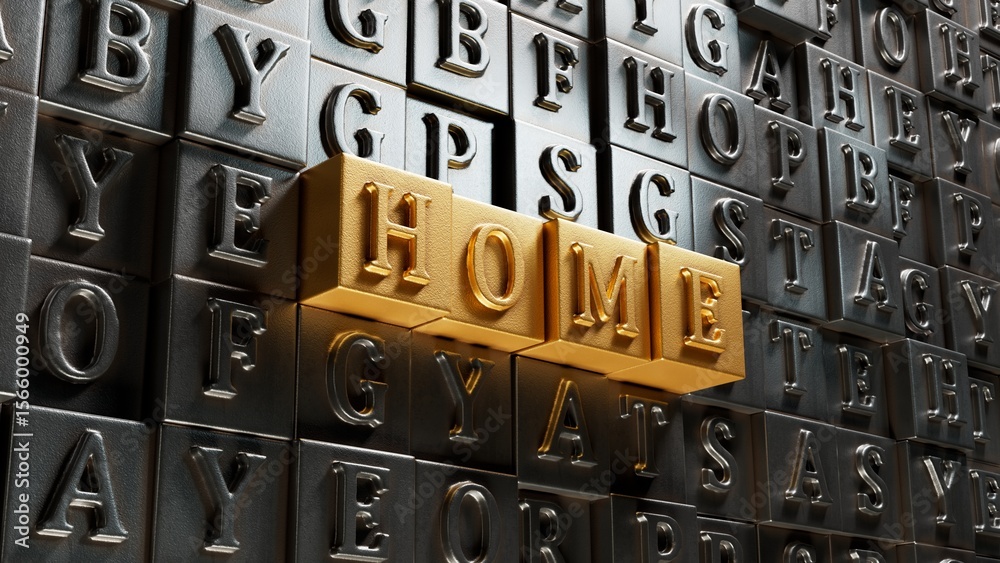 Poster Home.Movable type printing spelling.Flat lay view from above on Movable type printing buttons.IT technology concept.3D rendering on gold background.
