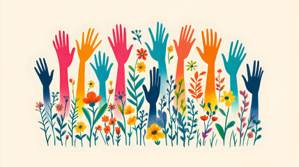 Obraz premium Vibrant illustration of diverse, colorful hands raised together, representing unity, active participation, cultural diversity, and the empowering force of collective action in a multicultura37238271 3