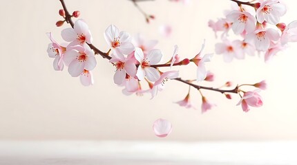 Obraz premium A delicate branch of pink cherry blossoms with falling petals, isolated on white background