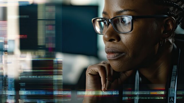 A young woman with in front of a big monitor in the middle of a modern server room. Collection and storage of large amounts of data. The young woman expertly manages data in a high-tech server room.