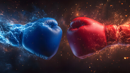 Powerful close-up of two boxing gloves colliding at center with dynamic motion blur, set against dark background with ample copyspace, perfect for dramatic fight night posters emphasizing i 85547265 4