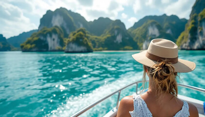 A woman in a hat sits on a boat, admiring the scenic mountains ahead.