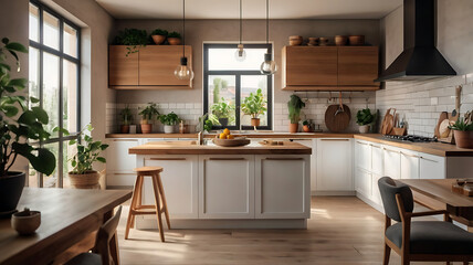 Modern Kitchen Design Warm Wood and White Cabinets, Island, and Plants