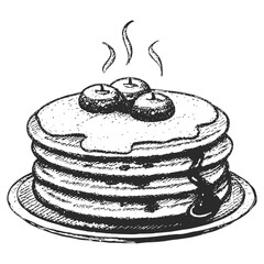 Hand-Drawn Pancake Stack with Butter Berries and Syrup Vintage Breakfast Illustration