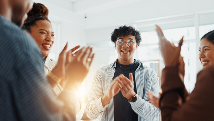 Fototapeta premium Happy, man and applause in office, success and celebration for sales target, colleagues and victory. Clapping, team and people with smile for achievement, together and excited for opportunity or win