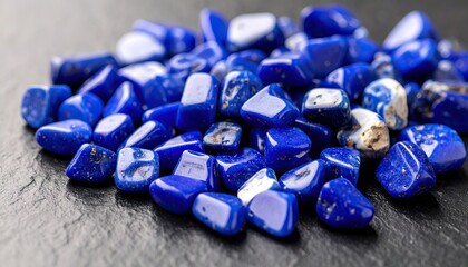 Polished Blue Lapis Lazuli Gemstones Scattered on a Dark Black Slate Surface
