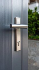 Polished Chrome Door Handle on Scratched Metal Door with a Green Bush Background
