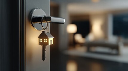 Real Estate Market, Buy, Sell, Rent a Home. Key in a door with a house-shaped keychain, interior background blurred.