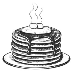 Hand-Drawn Pancake Stack with Butter Berries and Syrup Vintage Breakfast Illustration