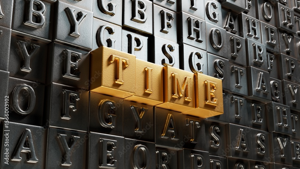 Poster Time.Movable type printing spelling.Flat lay view from above on  Movable type printing buttons.IT technology concept.3D rendering on gold background.