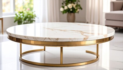 Polished Cream Marble Coffee Table with Gold Trim on White Tile Floor in Brightly Lit Living Room