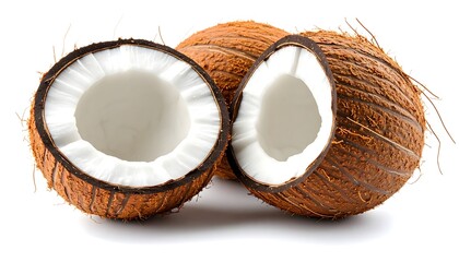 Fresh coconut halved to reveal white coconut meat and textured brown husk. Isolated on white background with soft natural light and detailed texture.