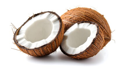 Fresh coconut halved to reveal white coconut meat and textured brown husk. Isolated on white background with soft natural light and detailed texture.