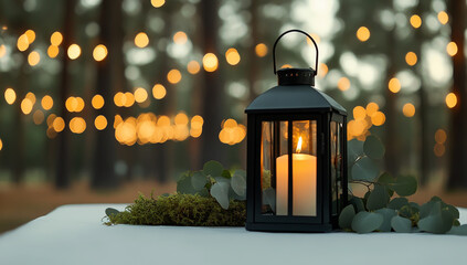 A black lantern with a candle is placed on the white tablecloth of an outdoor wedding in a forest, surrounded by green moss and eucalyptus leaves