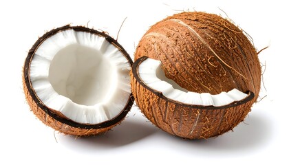 Fresh coconut halved to reveal white coconut meat and textured brown husk. Isolated on white background with soft natural light and detailed texture.
