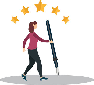 haracter With pencil giving feedback to show satisfaction rating. Customer user experience concept.