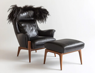 A black leather chair with wooden legs and an ottoman, adorned with a feathered fur hat on the armrests. The furniture is set against a white background