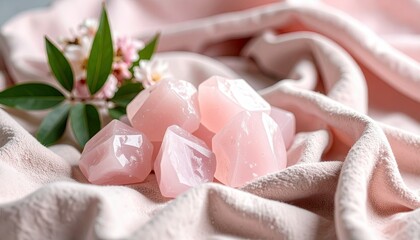 Polished Pink Mangano Calcite Crystals with Floral Accent on Soft Pink Cloth Background