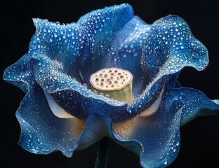 A blue lotus flower with dew drops on its petals