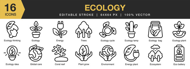 Ecology icon set. Editable Stroke Icon Collection. Includes ecology, green, eco, environment, nature, recycle, and More. Outline icons vector collection.