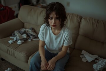 Obraz premium Sad woman complaining and crying sitting on a couch in the living room at home