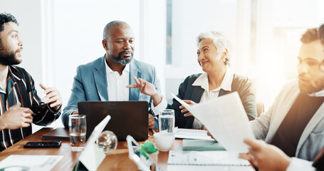 Boss, meeting and planning with business people in office for budget report, stakeholder update and research. Ceo review, market analyst and partnership with employees in agency for discussion