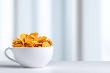 A white cup filled with golden cornflakes sits on a white surface against a blurred light blue and white background.