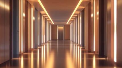Fototapeta premium Empty hotel corridor lit by warm lights